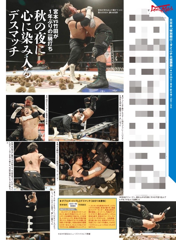 週刊プロレス今週号では、蛍光灯100本タッグデスマッチで杉浦＆平田と